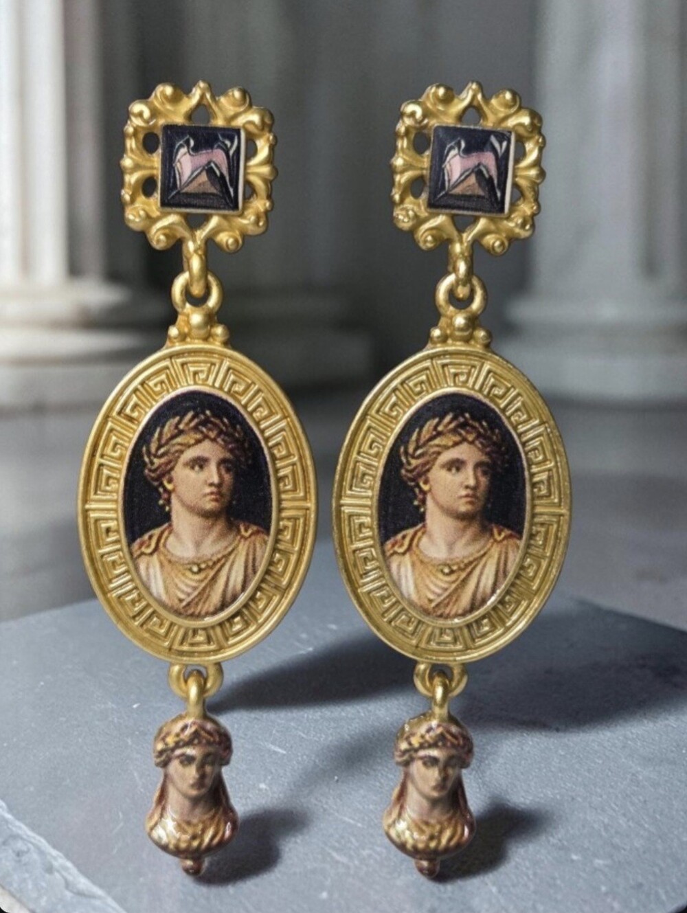 Incredible Matte Gold Plated Roman Emperor Potrait Greek Key Dangle Earrings